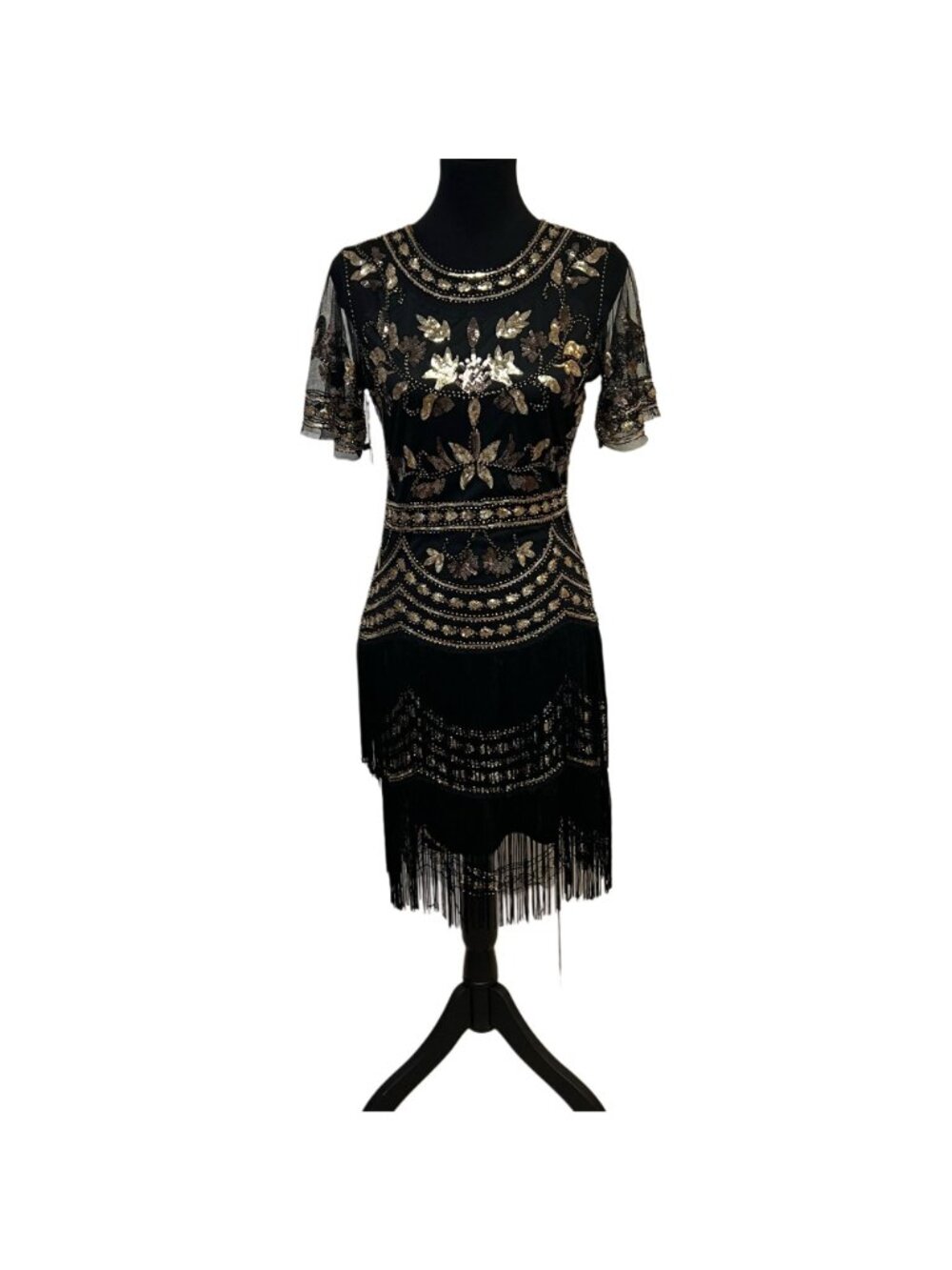 Unique Vintage 1920s Fit & Flare Midi Dress Short Sleeve Modest Belted Lace NWT - Picture 6 of 12